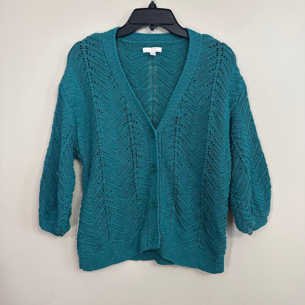 LC Lauren Conrad Medium Teal Pointelle Knit Cardigan Sweater